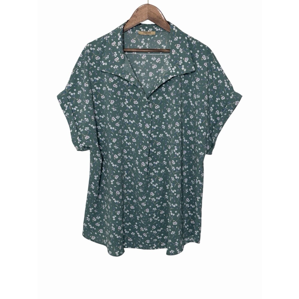 Timeson XL Sage Green Ditsy Floral Short Sleeve Blouse Open Collar EUC